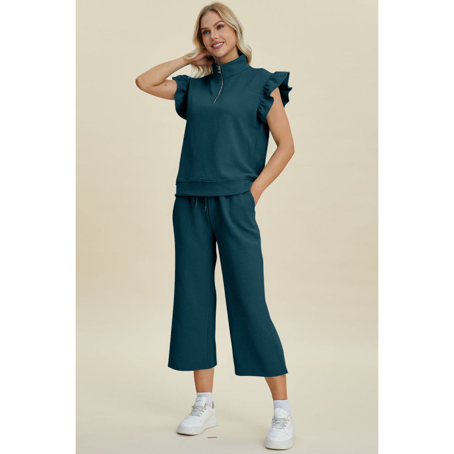 Double Take Full Size Texture Ruffle Short Sleeve Top and Wide Leg Pants Set Apparel and Accessories