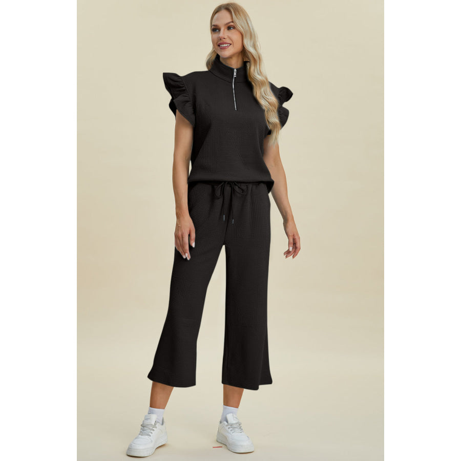 Double Take Full Size Texture Ruffle Short Sleeve Top and Wide Leg Pants Set Apparel and Accessories