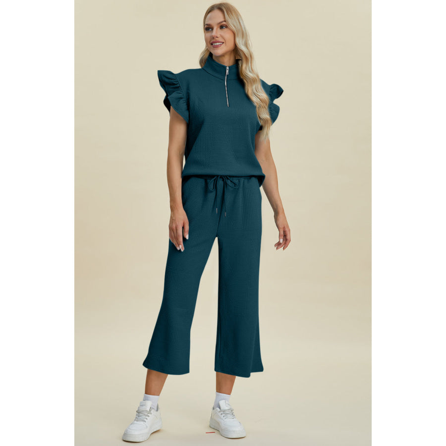 Double Take Full Size Texture Ruffle Short Sleeve Top and Wide Leg Pants Set Apparel and Accessories