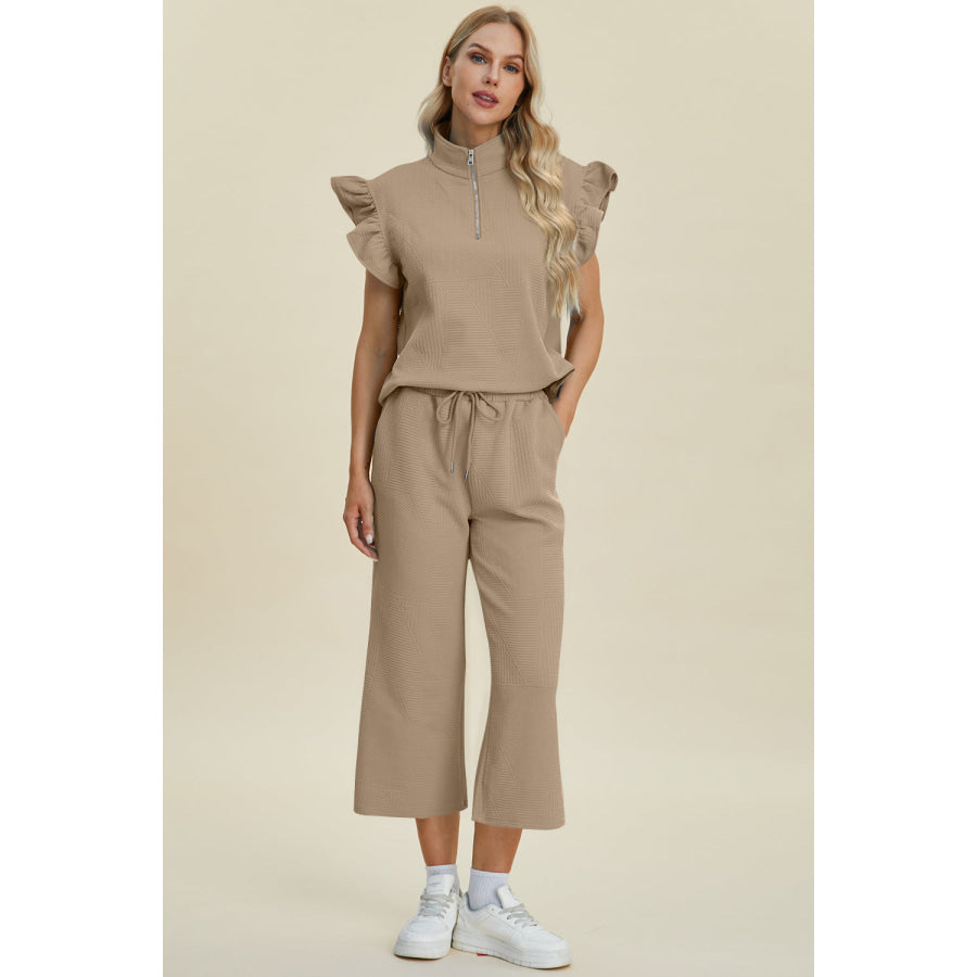 Double Take Full Size Texture Ruffle Short Sleeve Top and Wide Leg Pants Set Apparel and Accessories