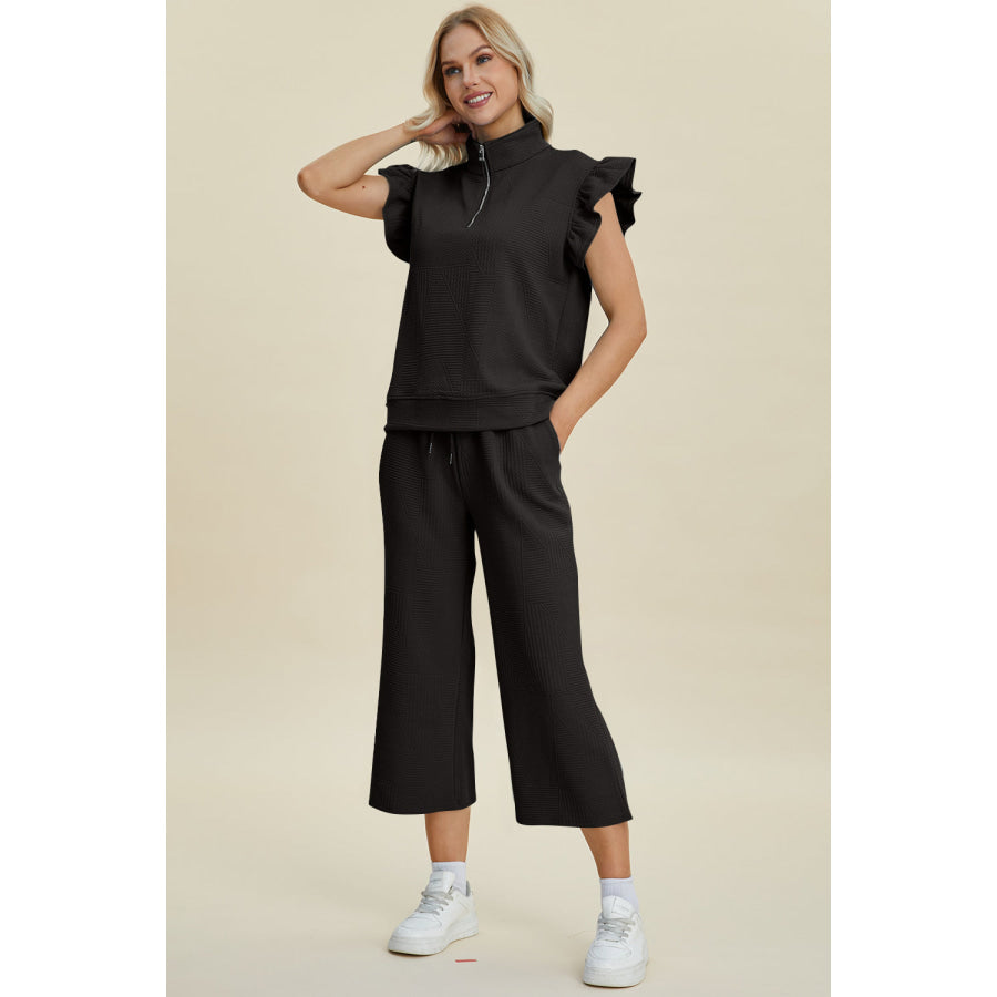 Double Take Full Size Texture Ruffle Short Sleeve Top and Wide Leg Pants Set Apparel and Accessories