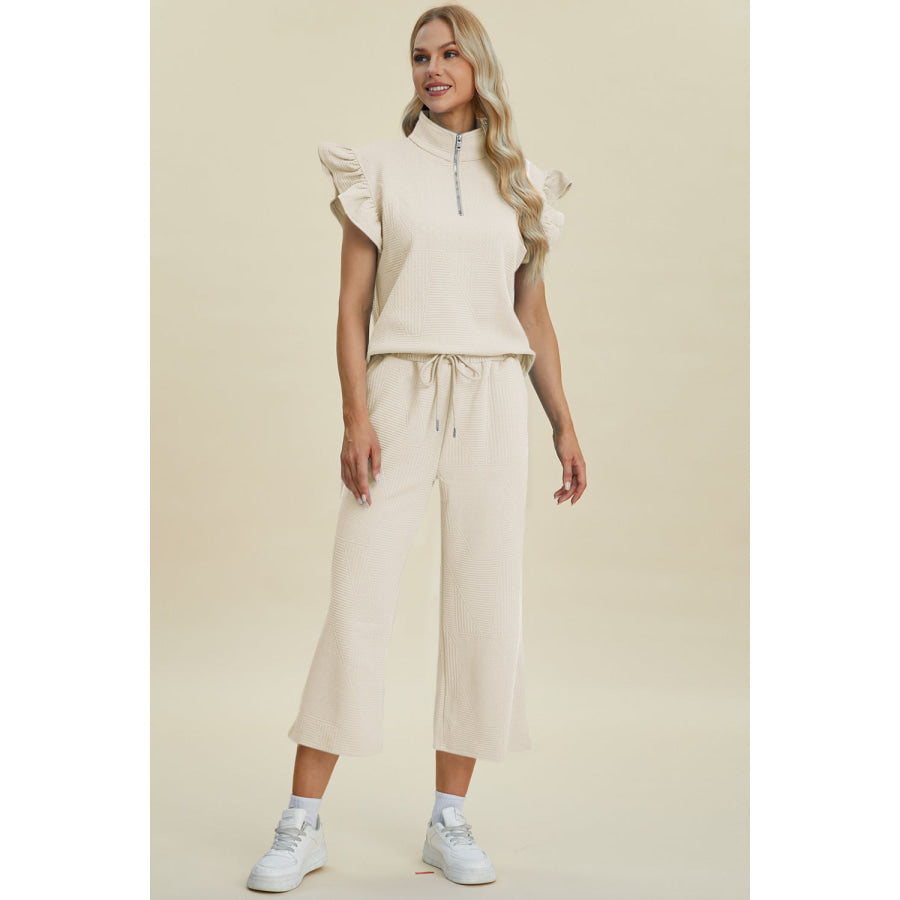 Double Take Full Size Texture Ruffle Short Sleeve Top and Wide Leg Pants Set Apparel and Accessories