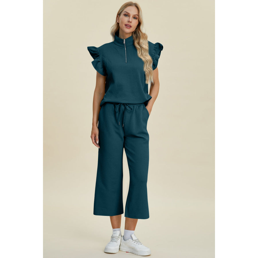 Double Take Full Size Texture Ruffle Short Sleeve Top and Wide Leg Pants Set Apparel and Accessories