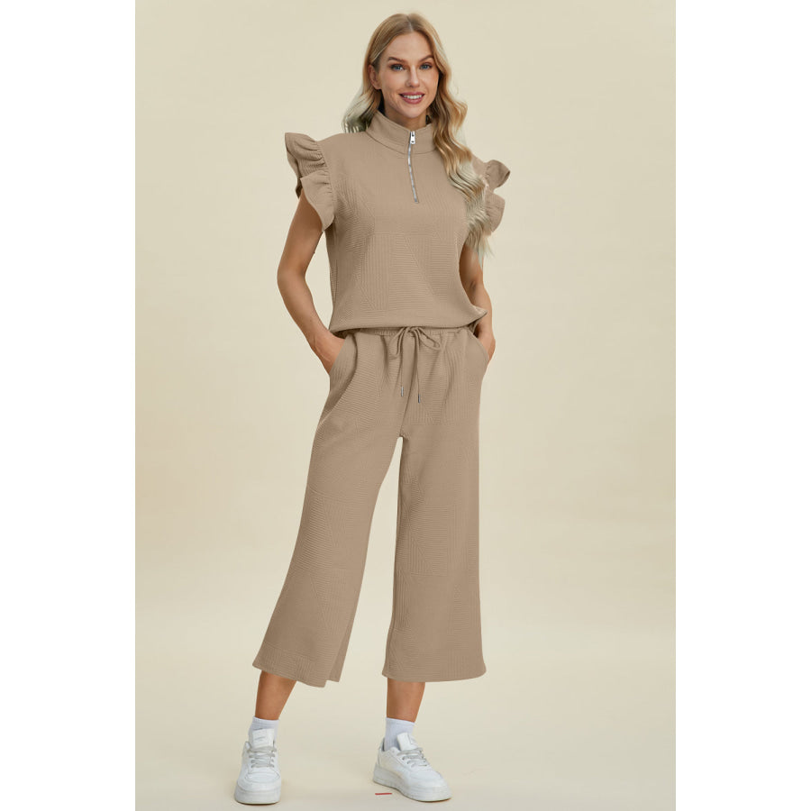 Double Take Full Size Texture Ruffle Short Sleeve Top and Wide Leg Pants Set Apparel and Accessories