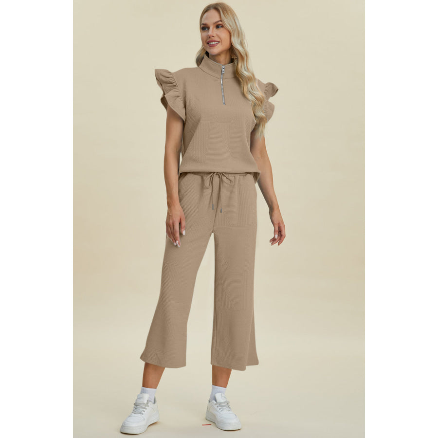 Double Take Full Size Texture Ruffle Short Sleeve Top and Wide Leg Pants Set Apparel and Accessories