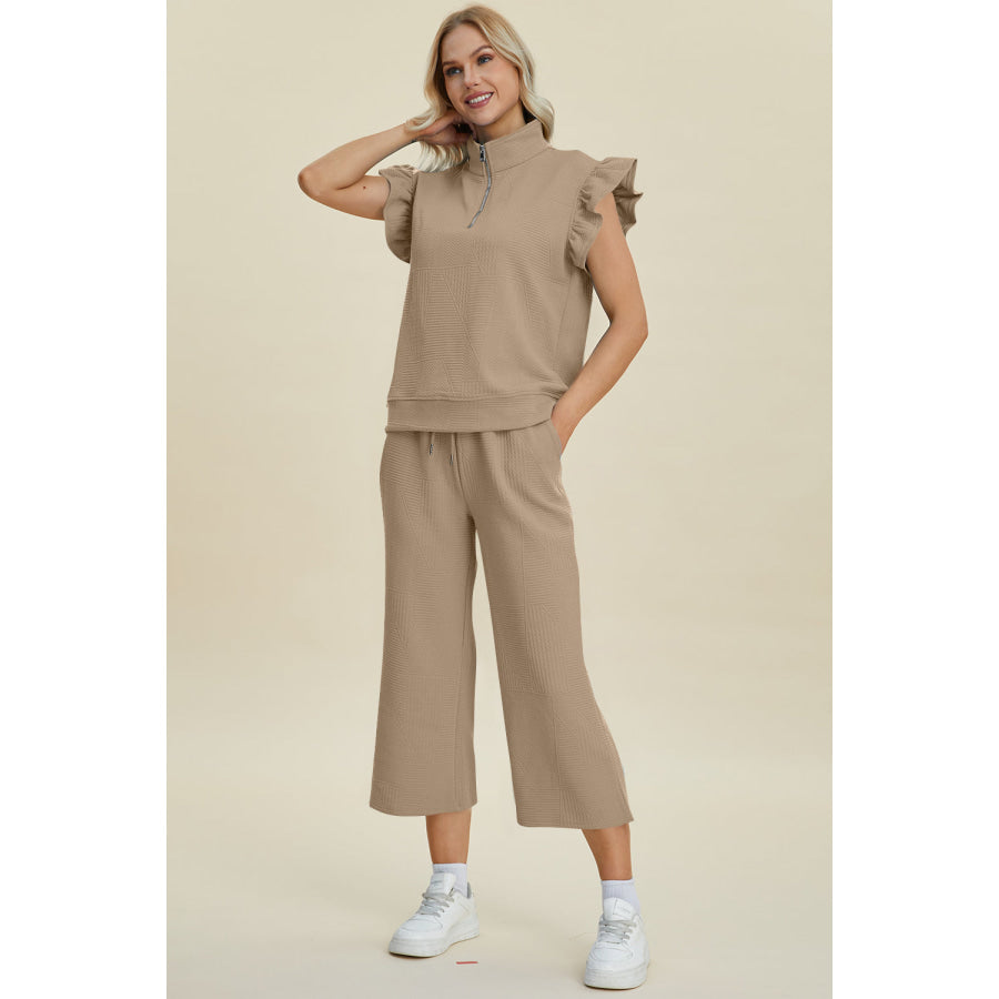 Double Take Full Size Texture Ruffle Short Sleeve Top and Wide Leg Pants Set Apparel and Accessories