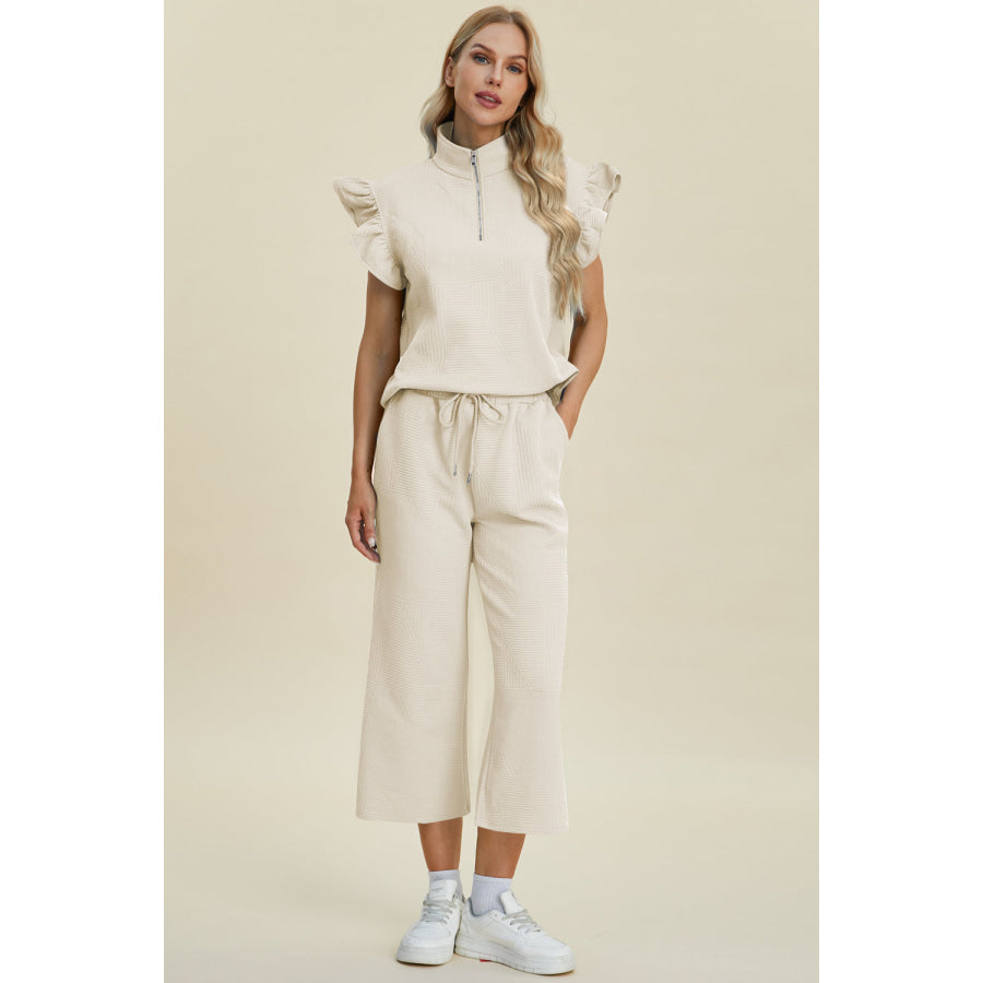 Double Take Full Size Texture Ruffle Short Sleeve Top and Wide Leg Pants Set Apparel and Accessories