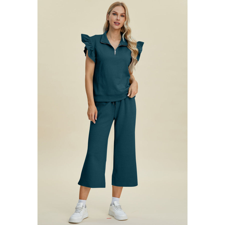 Double Take Full Size Texture Ruffle Short Sleeve Top and Wide Leg Pants Set Apparel and Accessories