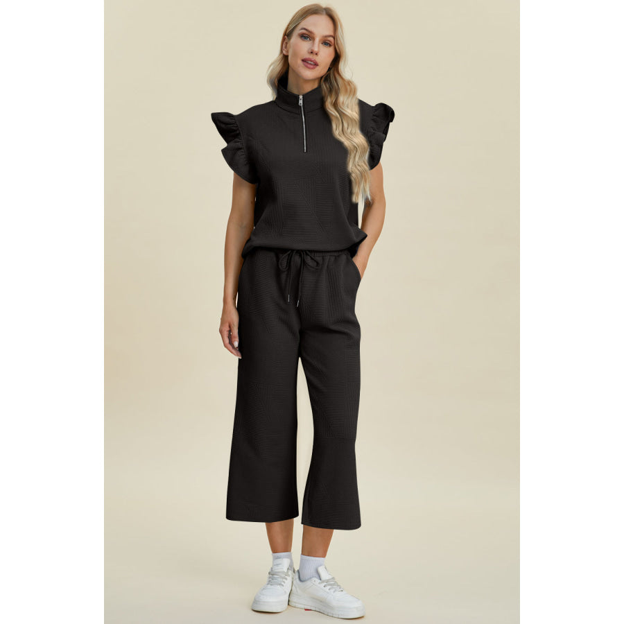 Double Take Full Size Texture Ruffle Short Sleeve Top and Wide Leg Pants Set Apparel and Accessories