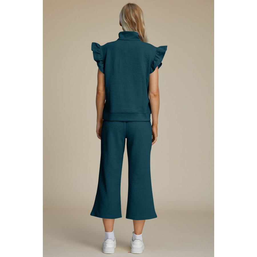 Double Take Full Size Texture Ruffle Short Sleeve Top and Wide Leg Pants Set Deep Teal / S Apparel and Accessories