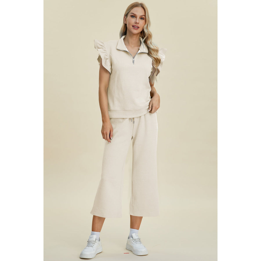 Double Take Full Size Texture Ruffle Short Sleeve Top and Wide Leg Pants Set Apparel and Accessories