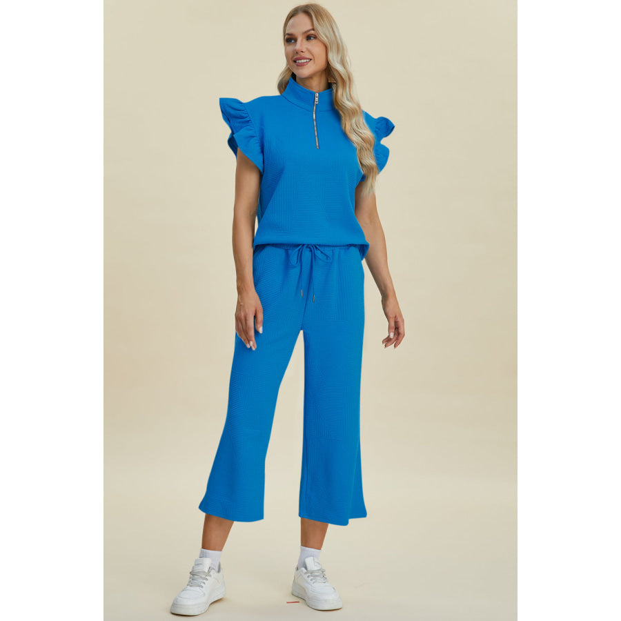 Double Take Full Size Texture Ruffle Short Sleeve Top and Wide Leg Pants Set Apparel and Accessories