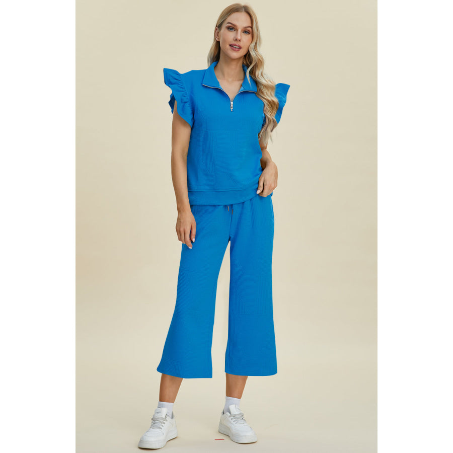 Double Take Full Size Texture Ruffle Short Sleeve Top and Wide Leg Pants Set Apparel and Accessories