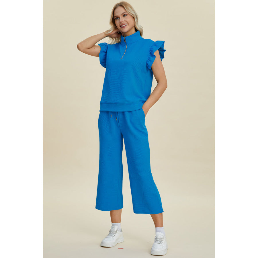 Double Take Full Size Texture Ruffle Short Sleeve Top and Wide Leg Pants Set Apparel and Accessories