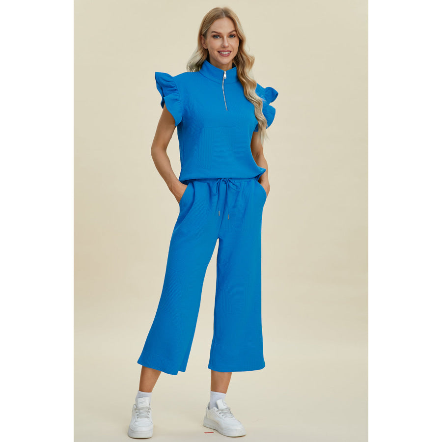 Double Take Full Size Texture Ruffle Short Sleeve Top and Wide Leg Pants Set Apparel and Accessories