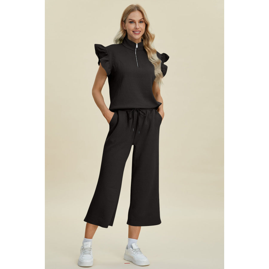 Double Take Full Size Texture Ruffle Short Sleeve Top and Wide Leg Pants Set Black / S Apparel and Accessories