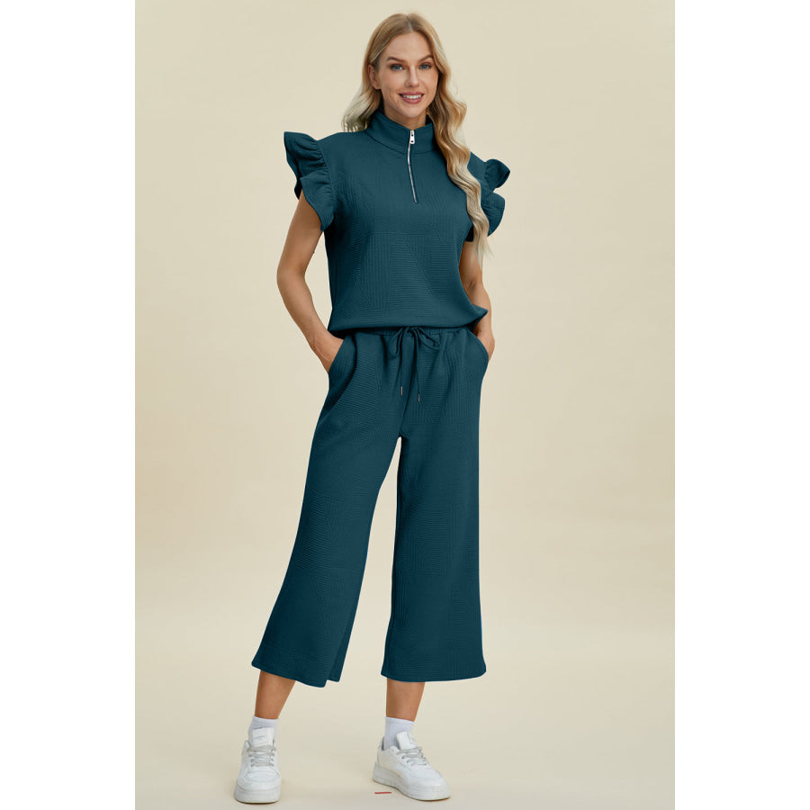 Double Take Full Size Texture Ruffle Short Sleeve Top and Wide Leg Pants Set Deep Teal / S Apparel and Accessories