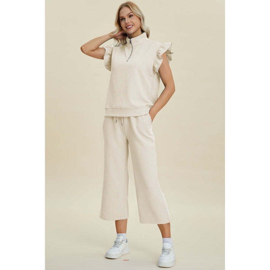 Double Take Full Size Texture Ruffle Short Sleeve Top and Wide Leg Pants Set Ivory / S Apparel and Accessories