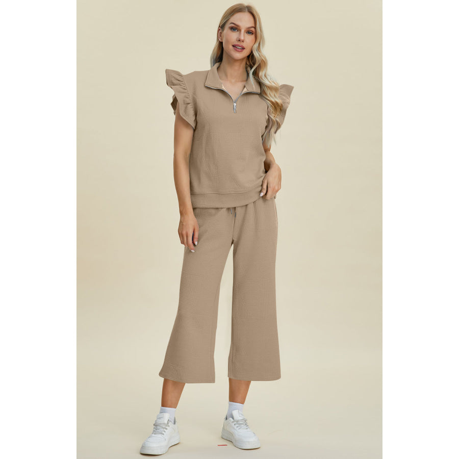 Double Take Full Size Texture Ruffle Short Sleeve Top and Wide Leg Pants Set Khaki / S Apparel and Accessories