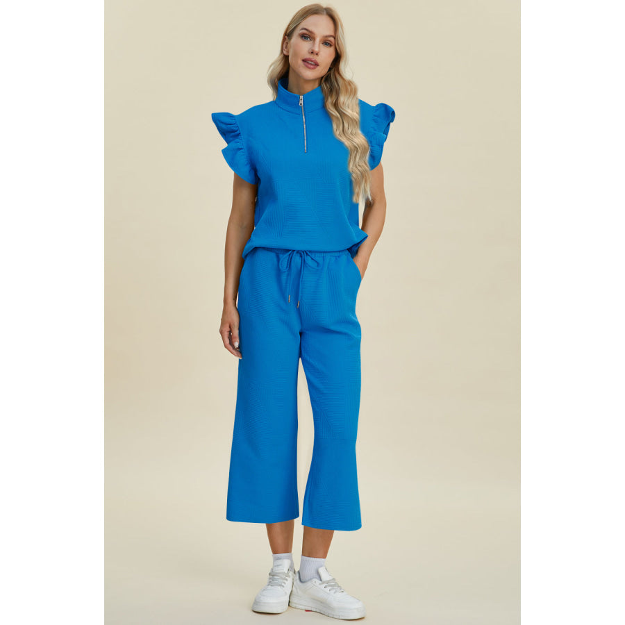 Double Take Full Size Texture Ruffle Short Sleeve Top and Wide Leg Pants Set Sky Blue / S Apparel and Accessories