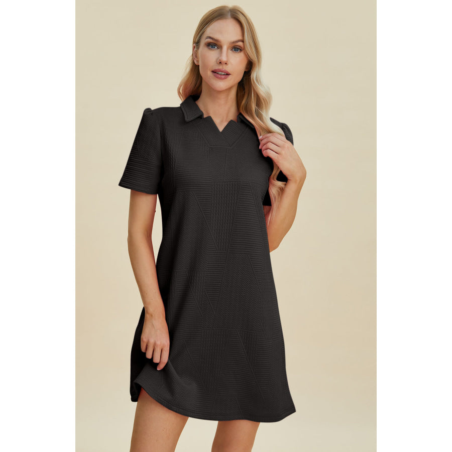 Double Take Full Size Texture Short Sleeve Dress Black / S Apparel and Accessories