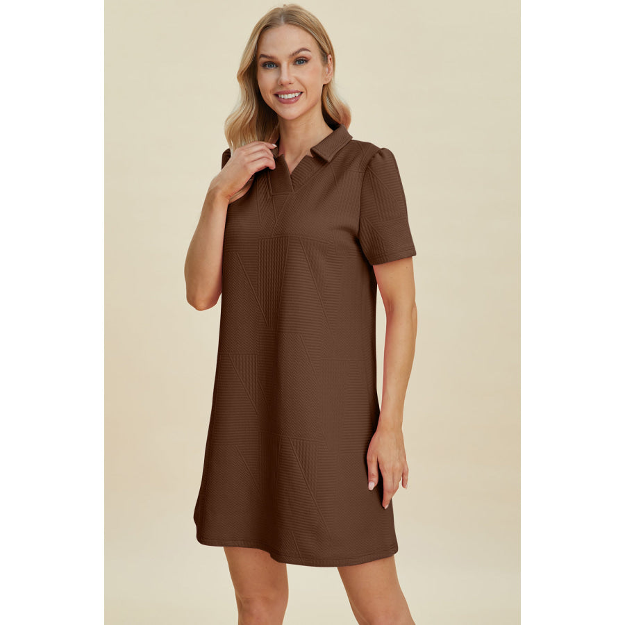 Double Take Full Size Texture Short Sleeve Dress Brown / S Apparel and Accessories