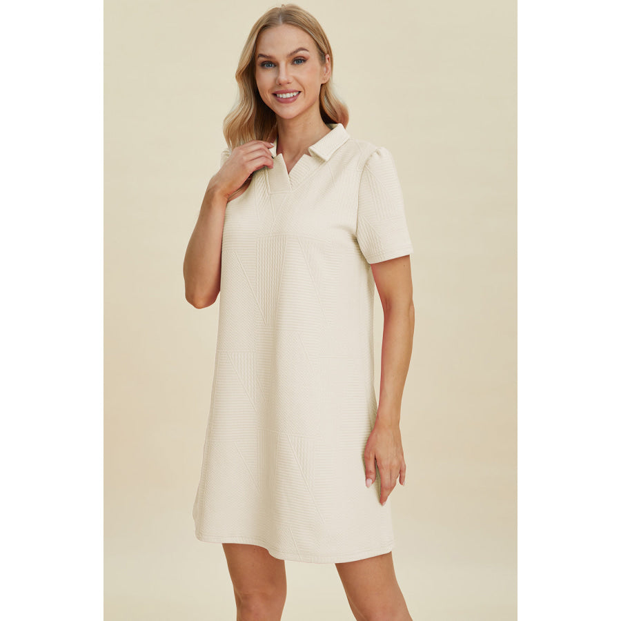 Double Take Full Size Texture Short Sleeve Dress Ivory / S Apparel and Accessories