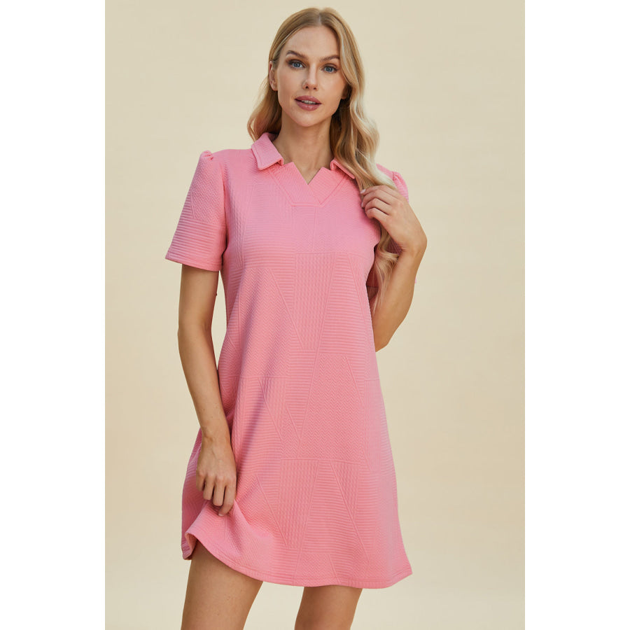 Double Take Full Size Texture Short Sleeve Dress Pink / S Apparel and Accessories