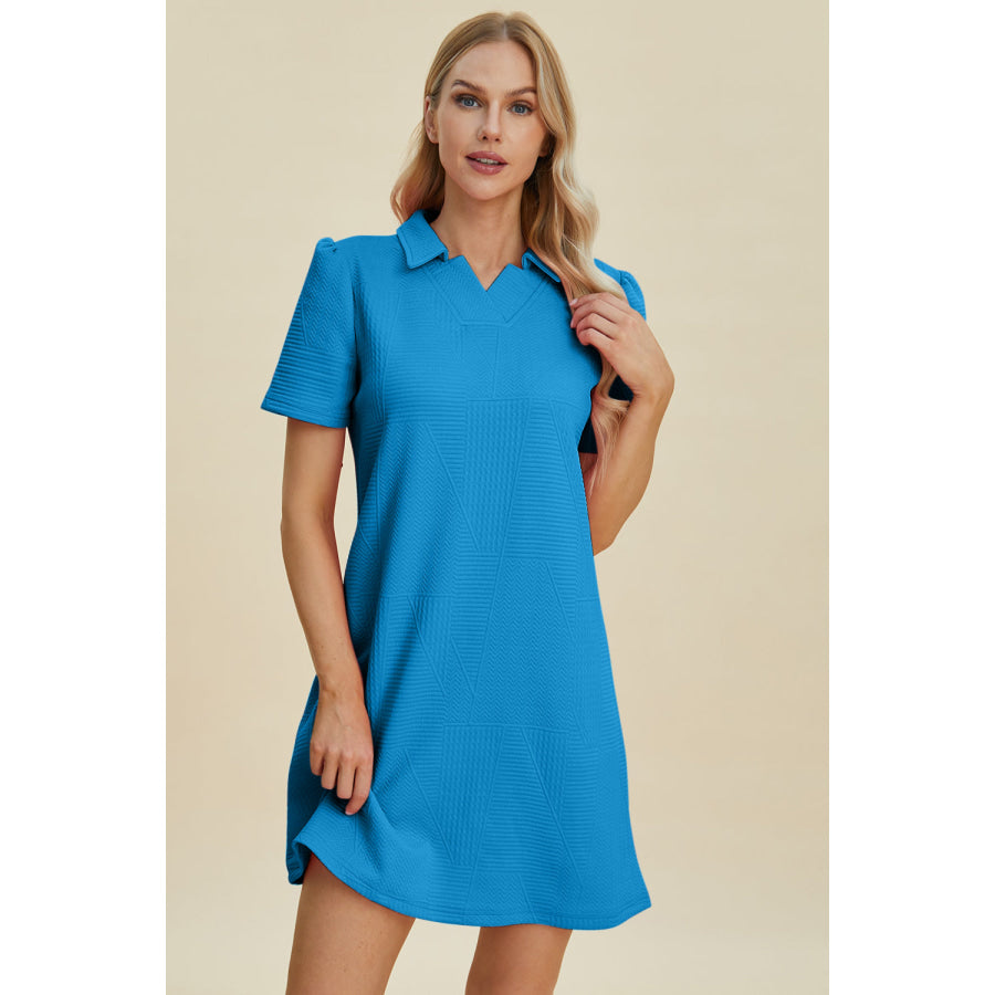 Double Take Full Size Texture Short Sleeve Dress Sky Blue / S Apparel and Accessories