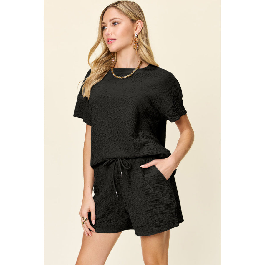 Double Take Full Size Texture Short Sleeve T-Shirt and Drawstring Shorts Set Apparel and Accessories