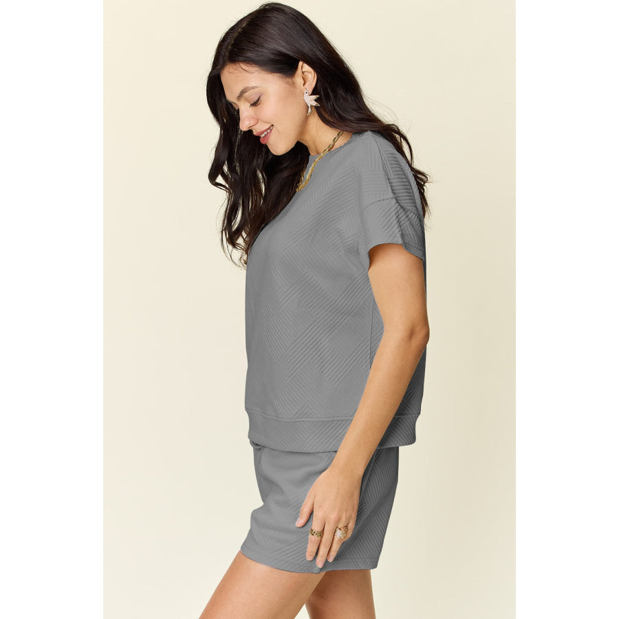 Double Take Full Size Texture Short Sleeve T-Shirt and Drawstring Shorts Set Apparel and Accessories