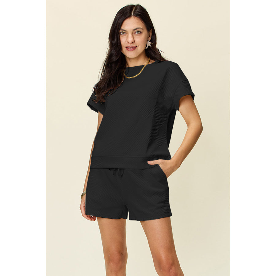 Double Take Full Size Texture Short Sleeve T-Shirt and Drawstring Shorts Set Black / S Apparel and Accessories