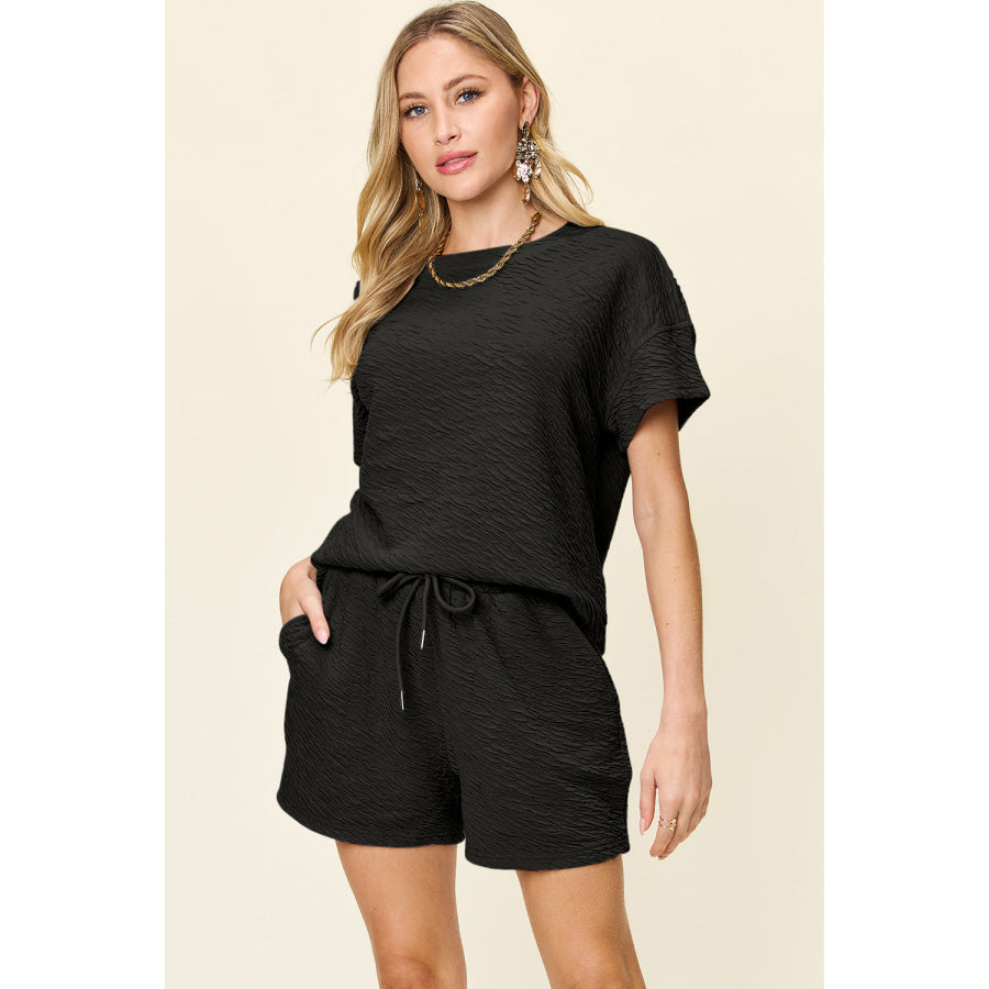 Double Take Full Size Texture Short Sleeve T-Shirt and Drawstring Shorts Set Black / S Apparel and Accessories