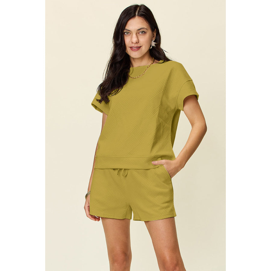 Double Take Full Size Texture Short Sleeve T-Shirt and Drawstring Shorts Set Chartreuse / S Apparel and Accessories