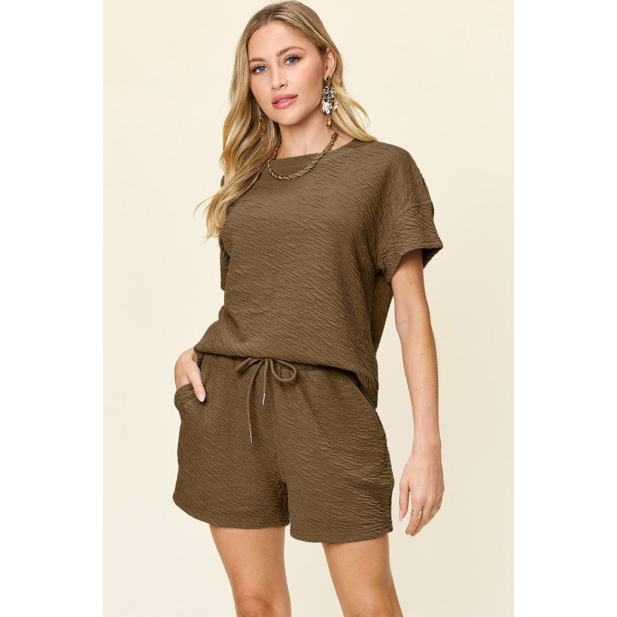 Double Take Full Size Texture Short Sleeve T-Shirt and Drawstring Shorts Set Chestnut / S Apparel and Accessories