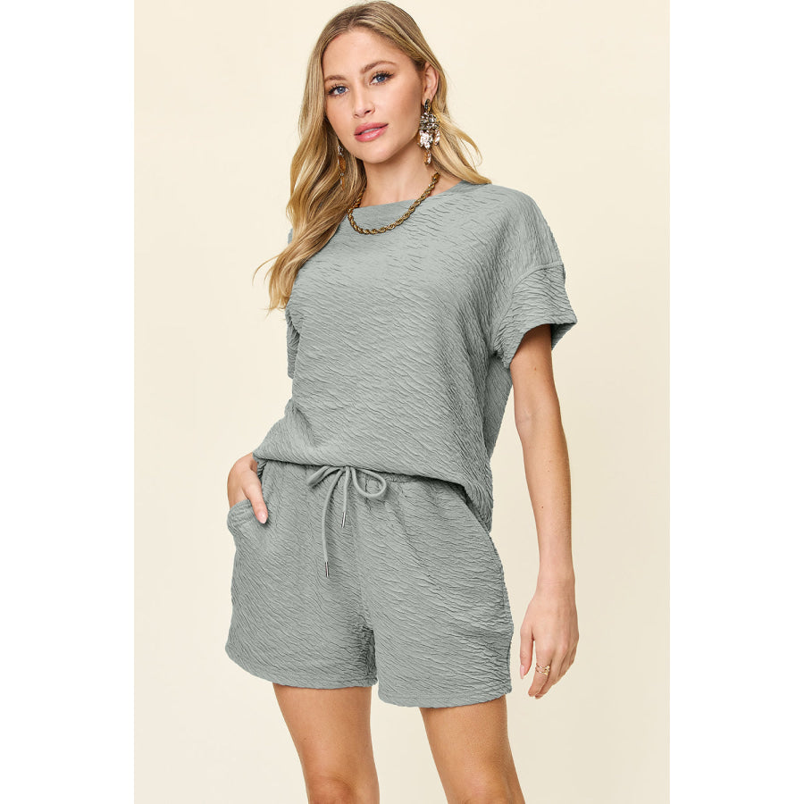 Double Take Full Size Texture Short Sleeve T-Shirt and Drawstring Shorts Set Cloudy Blue / S Apparel and Accessories