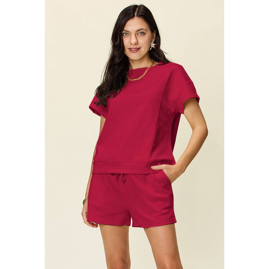 Double Take Full Size Texture Short Sleeve T-Shirt and Drawstring Shorts Set Deep Red / S Apparel and Accessories