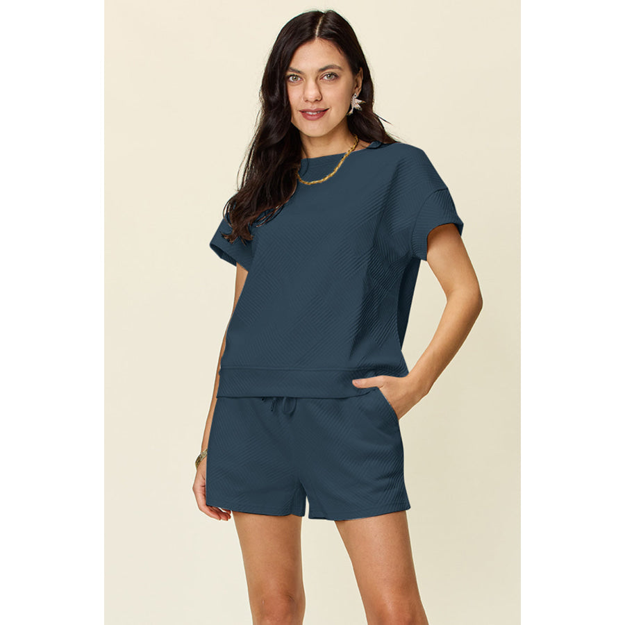 Double Take Full Size Texture Short Sleeve T-Shirt and Drawstring Shorts Set Deep Teal / S Apparel and Accessories