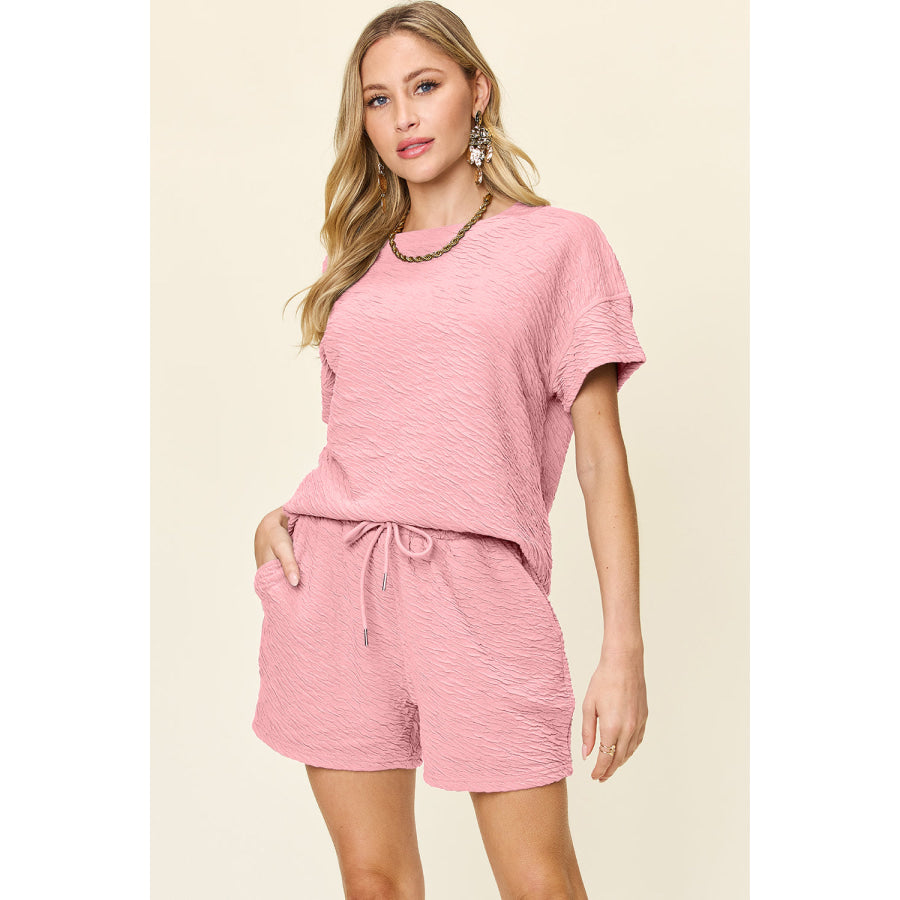 Double Take Full Size Texture Short Sleeve T-Shirt and Drawstring Shorts Set Dusty Pink / S Apparel and Accessories