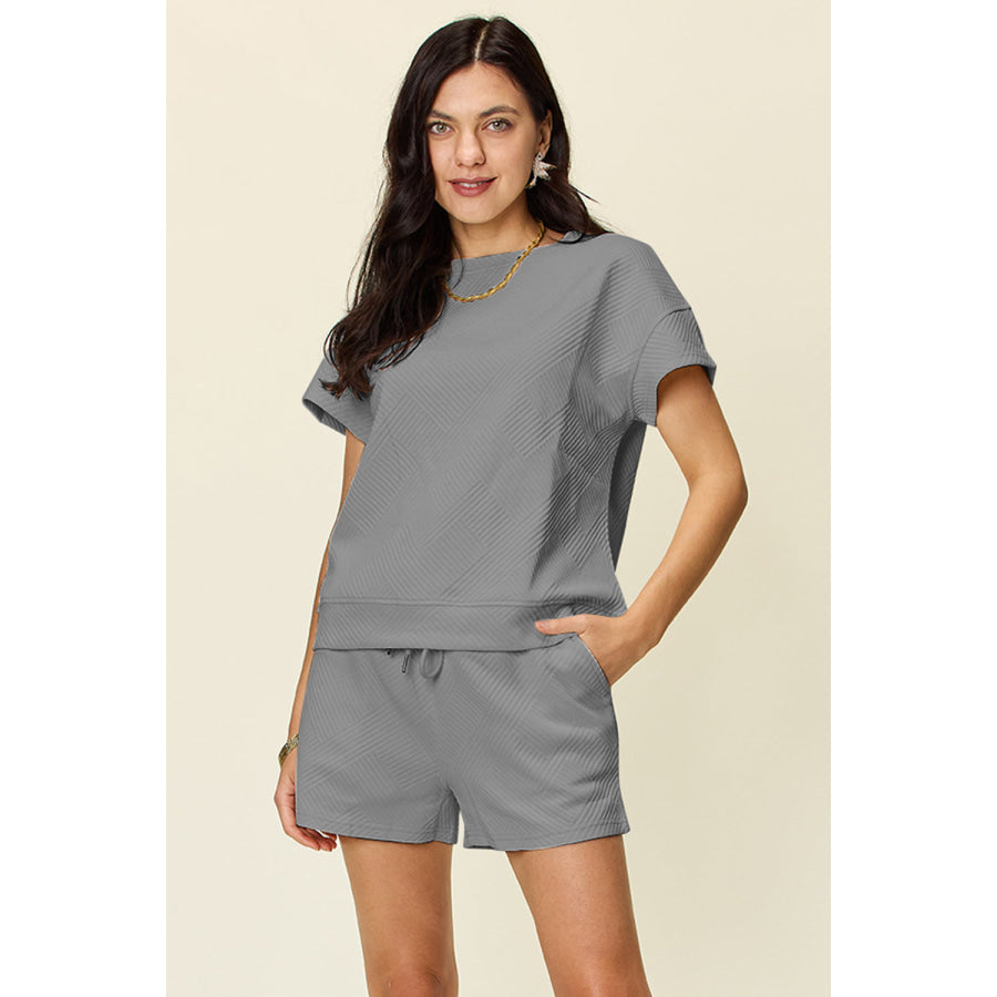 Double Take Full Size Texture Short Sleeve T-Shirt and Drawstring Shorts Set Gray / S Apparel and Accessories