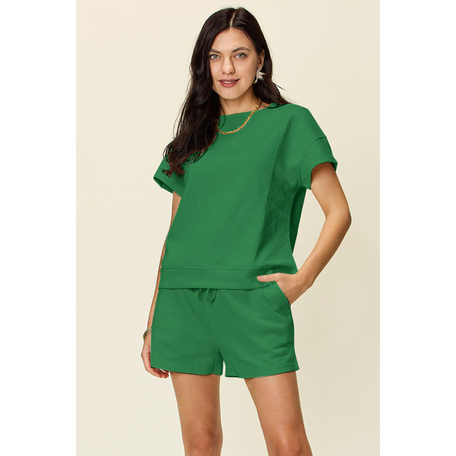 Double Take Full Size Texture Short Sleeve T-Shirt and Drawstring Shorts Set Green / S Apparel and Accessories