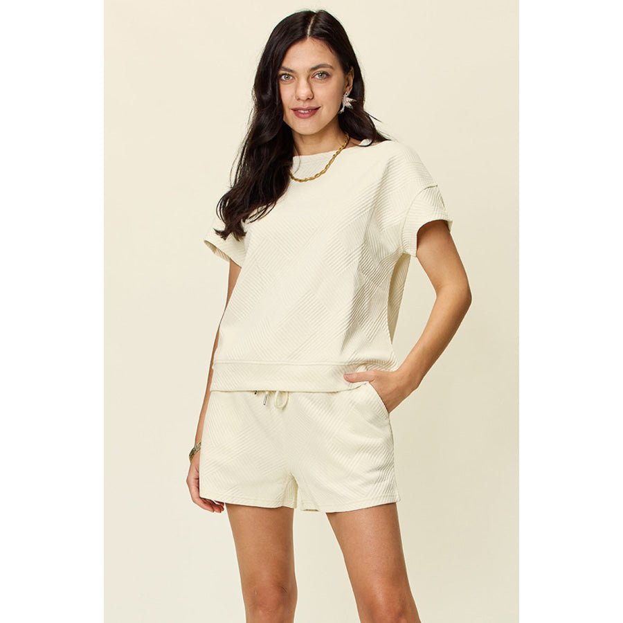 Double Take Full Size Texture Short Sleeve T-Shirt and Drawstring Shorts Set Ivory / S Apparel and Accessories