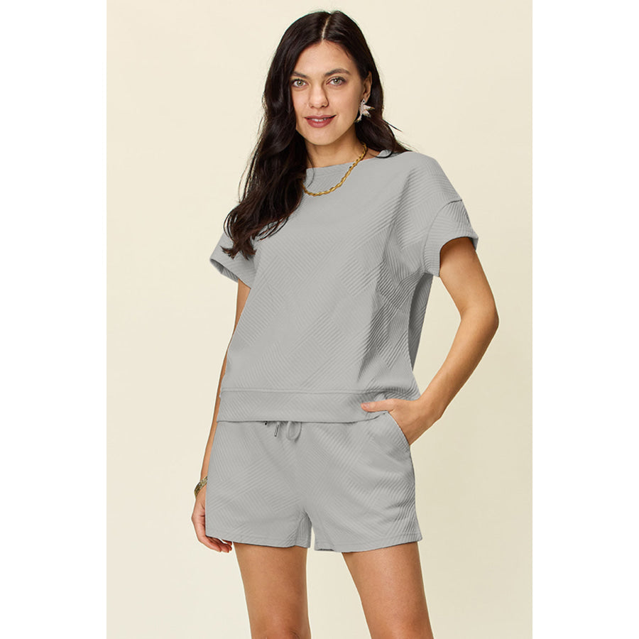 Double Take Full Size Texture Short Sleeve T-Shirt and Drawstring Shorts Set Light Gray / S Apparel and Accessories