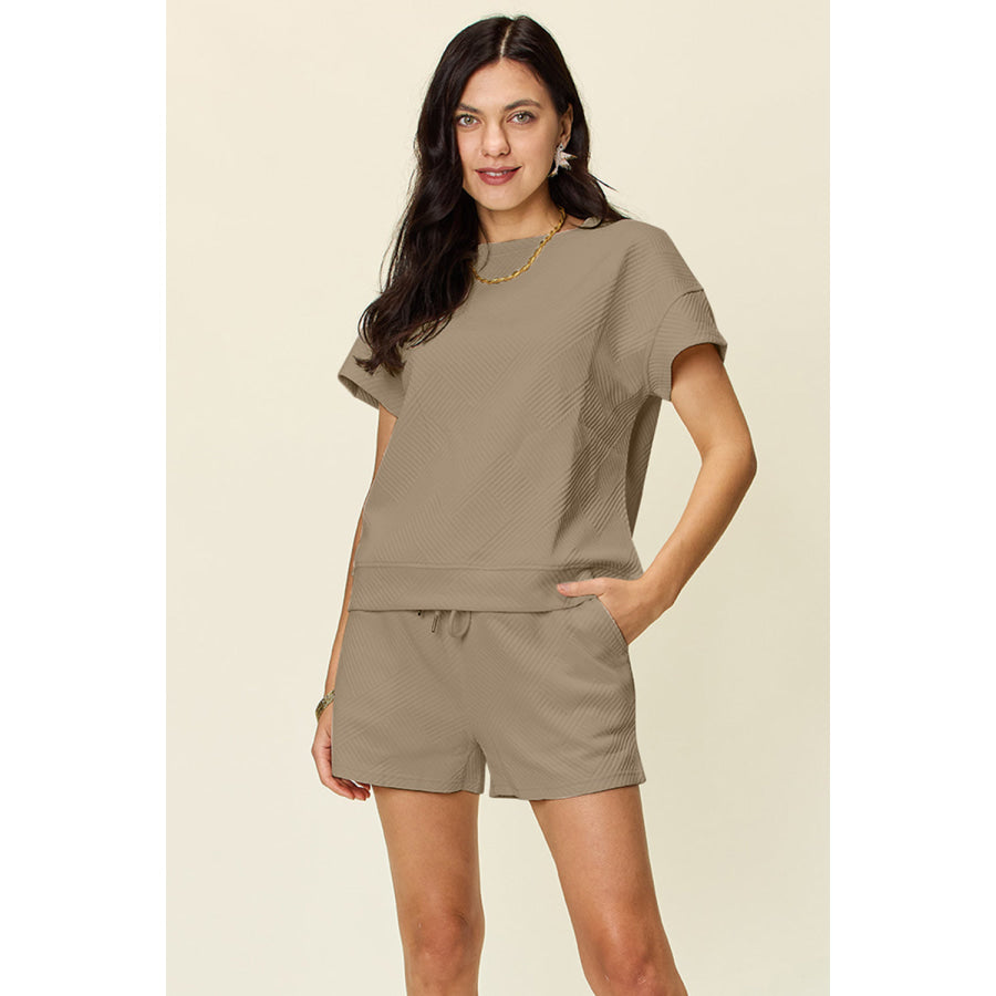 Double Take Full Size Texture Short Sleeve T-Shirt and Drawstring Shorts Set Mocha / S Apparel and Accessories