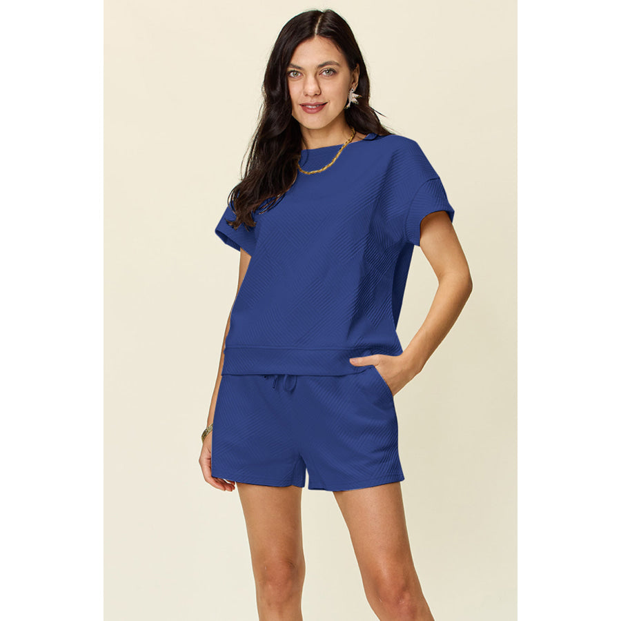 Double Take Full Size Texture Short Sleeve T-Shirt and Drawstring Shorts Set Royal Blue / S Apparel and Accessories