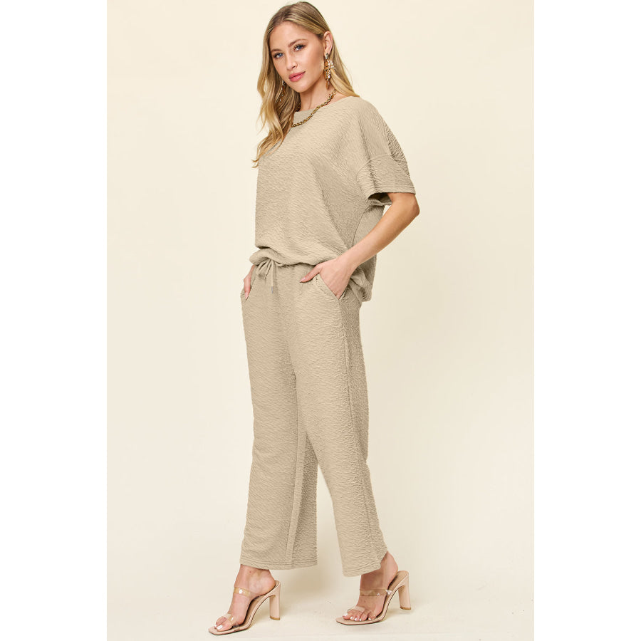 Double Take Full Size Texture Short Sleeve Top and Pants Set Apparel and Accessories