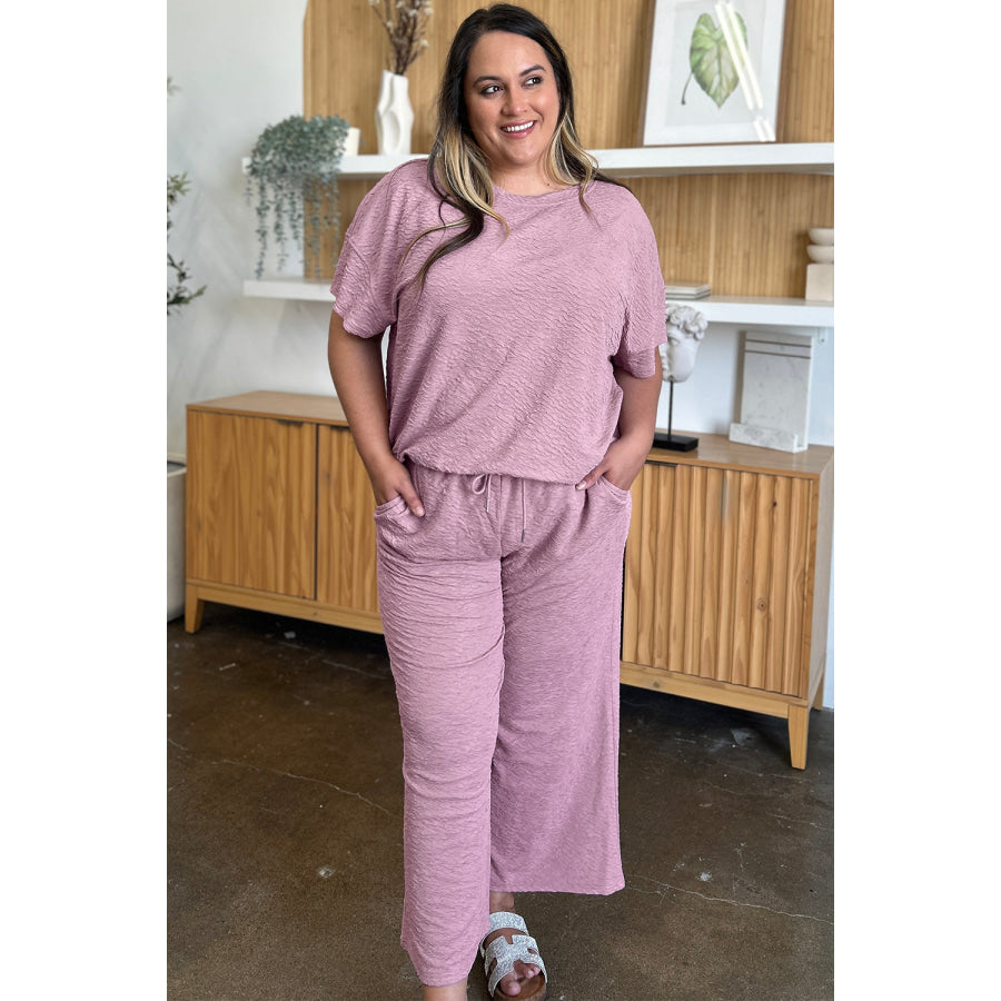 Double Take Full Size Texture Short Sleeve Top and Pants Set Dusty Pink / S Apparel and Accessories