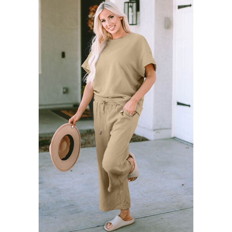 Double Take Full Size Texture Short Sleeve Top and Pants Set Camel / S Clothing