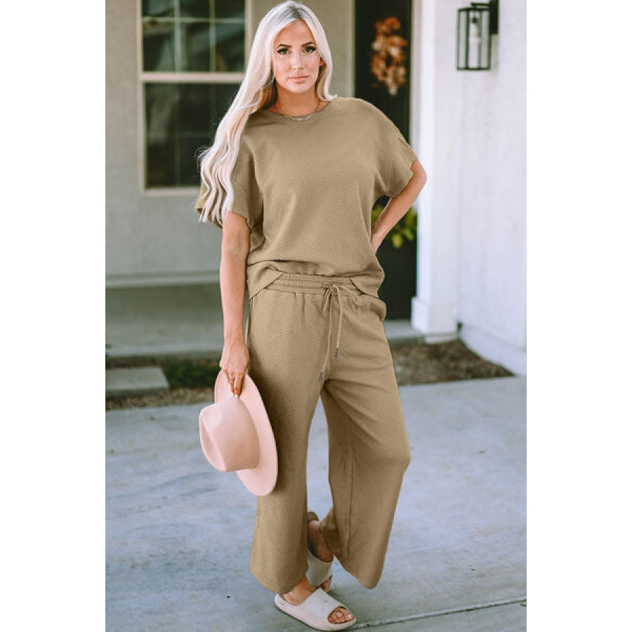 Double Take Full Size Texture Short Sleeve Top and Pants Set Camel / S Clothing
