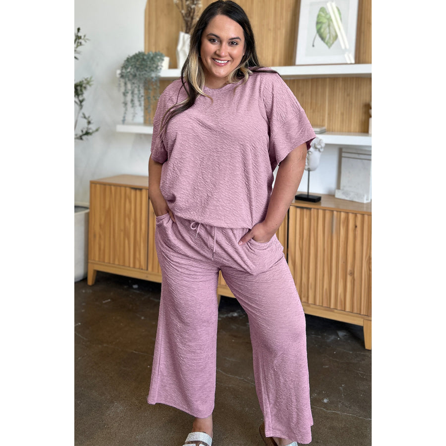 Double Take Full Size Texture Short Sleeve Top and Pants Set Dusty Pink / S Apparel and Accessories